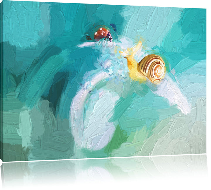 Pixxprint eine Schnecke und Marienkäfer als Leinwandbild/Grösse: 100x70 cm/Wandbild/Kunstdruck/ferti