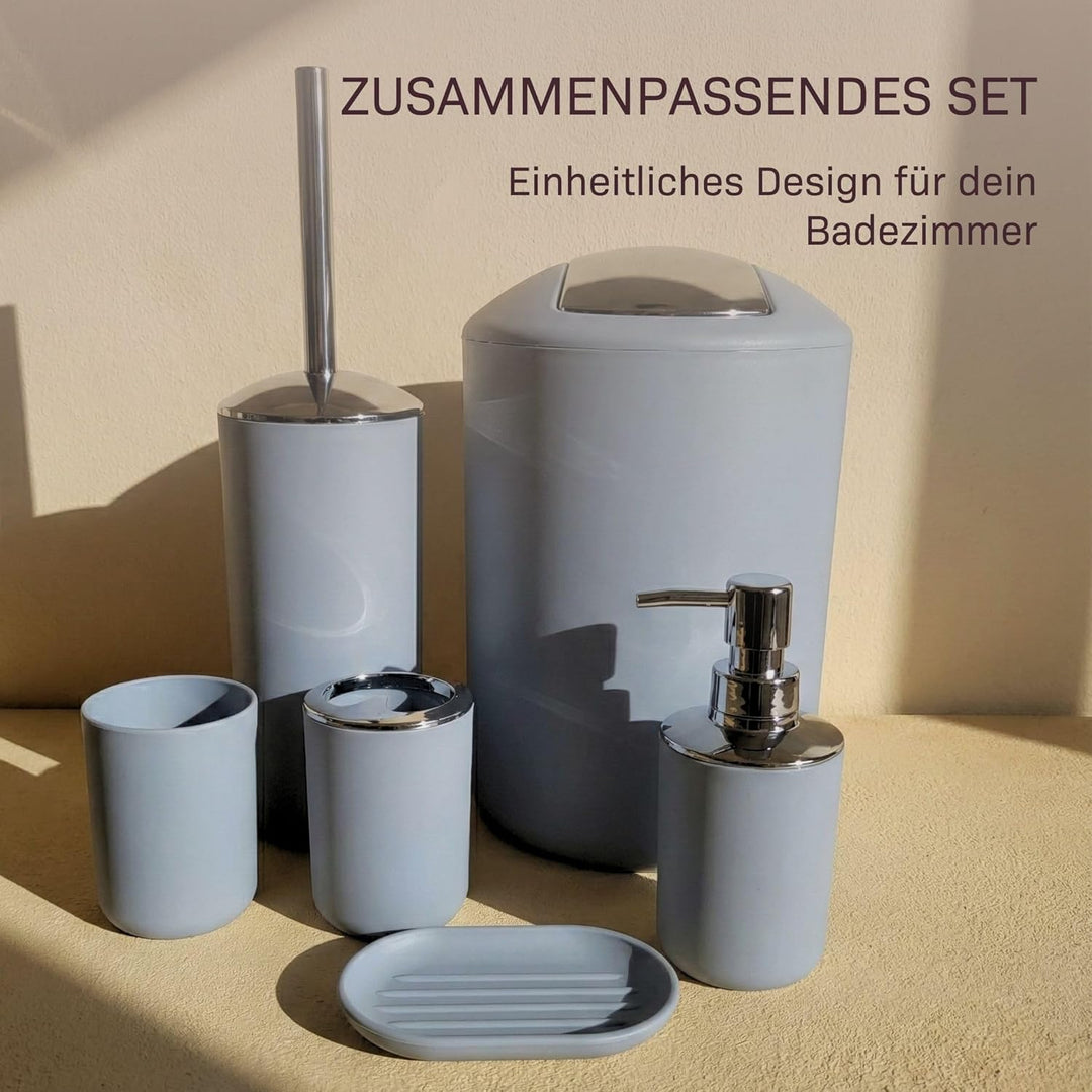 Badezimmer Set 6-teilig, Badaccessoires Komplettset Kunststoff, WC Garnitur mit Klobürste, Mülleimer