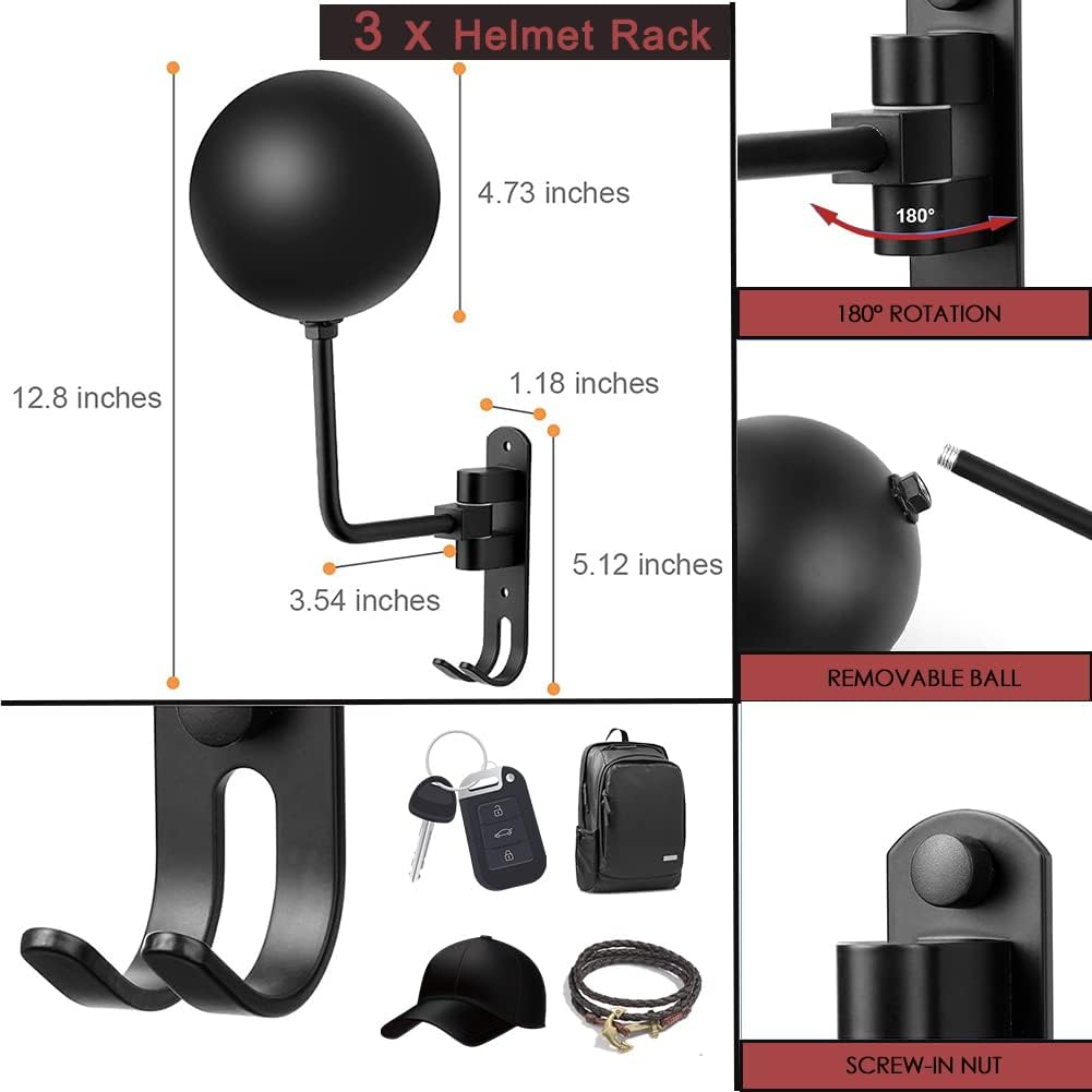 SANGMO 3 Stück 180 ° Motorradhelmständer, drehbarer Metall-Helmhalter, Wandhalterung, Helmhalter Fah