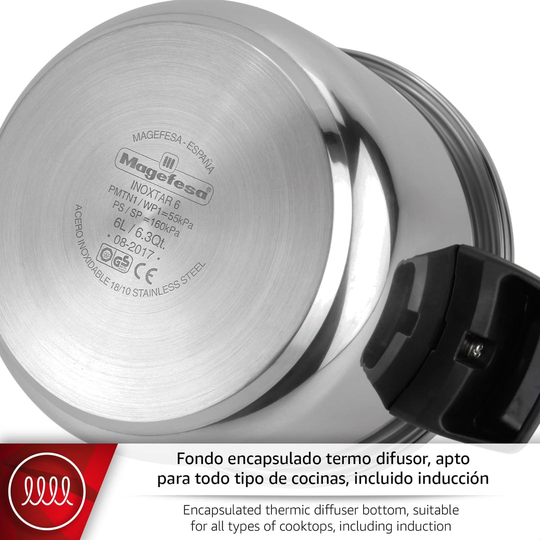 Magefesa Inoxtar – Traditioneller Schnellkochtopf 8L, Edelstahl 18/10, Induktion, Gesundes Kochen, D