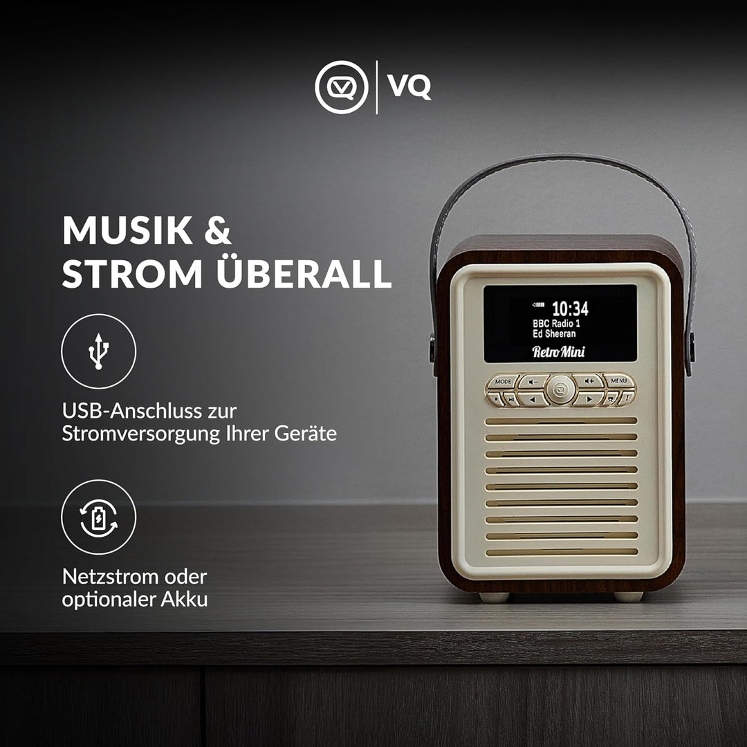 VQ Retro Mini Tragbares Radio mit Bluetooth-Lautsprecherein, DAB-Radio mit UKW und 60 Voreinstellung