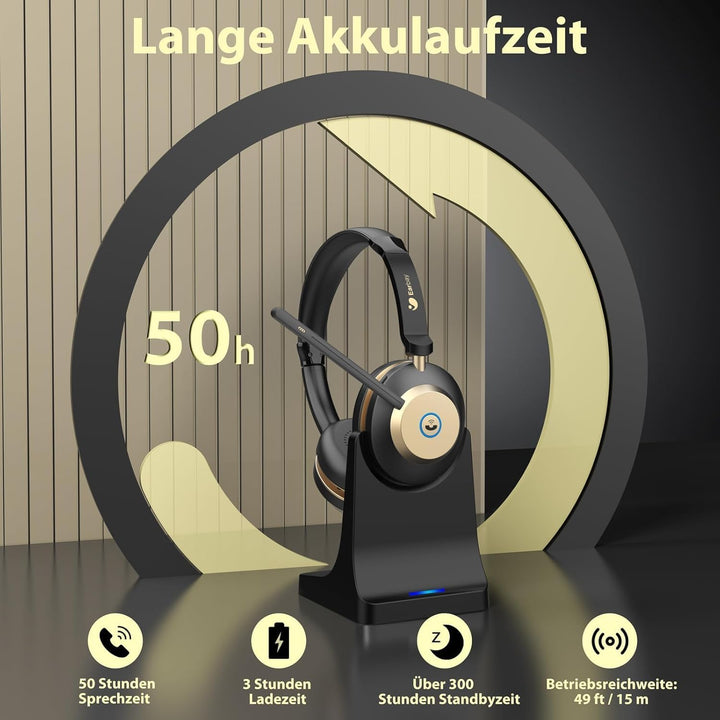 Earbay Headset mit Mikrofon Bluetooth, Headset kabellos KI-Geräuschunterdrückung &amp; USB-Dongle, Bluet