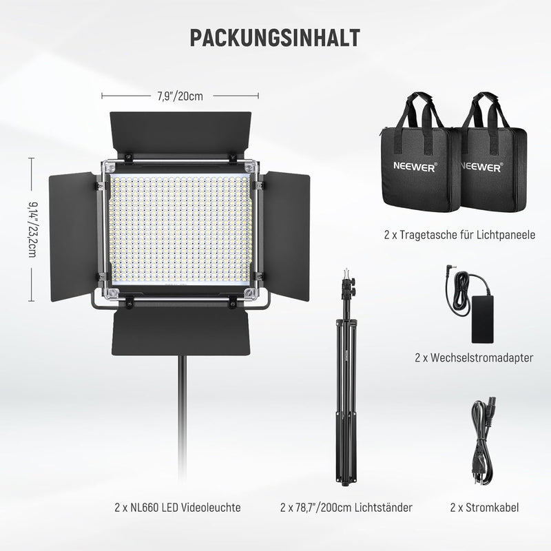 NEEWER 660 LED Videolicht Panel 2 Set mit Stativ: (2) Bi Farbe CRI96+ LED Videoleuchte Fotolicht mit