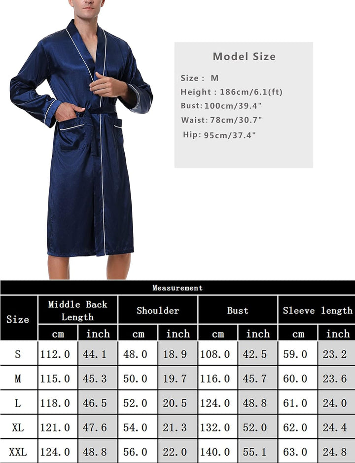 Bresdk Morgenmantel Herren Satin Kimono Robe Lang Leichter Bademantel für Männer S Rot M885, S Rot M