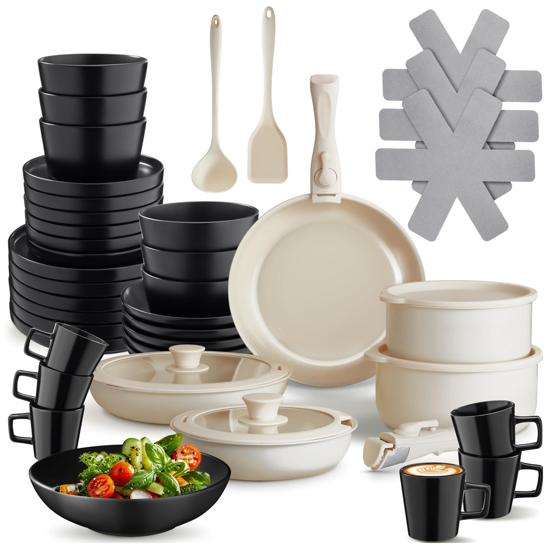 tectake® Küchenstarterset 6 Personen, Steingut Geschirr Set, Teller, 3 Pfannen, 2 Töpfe, rostfreies