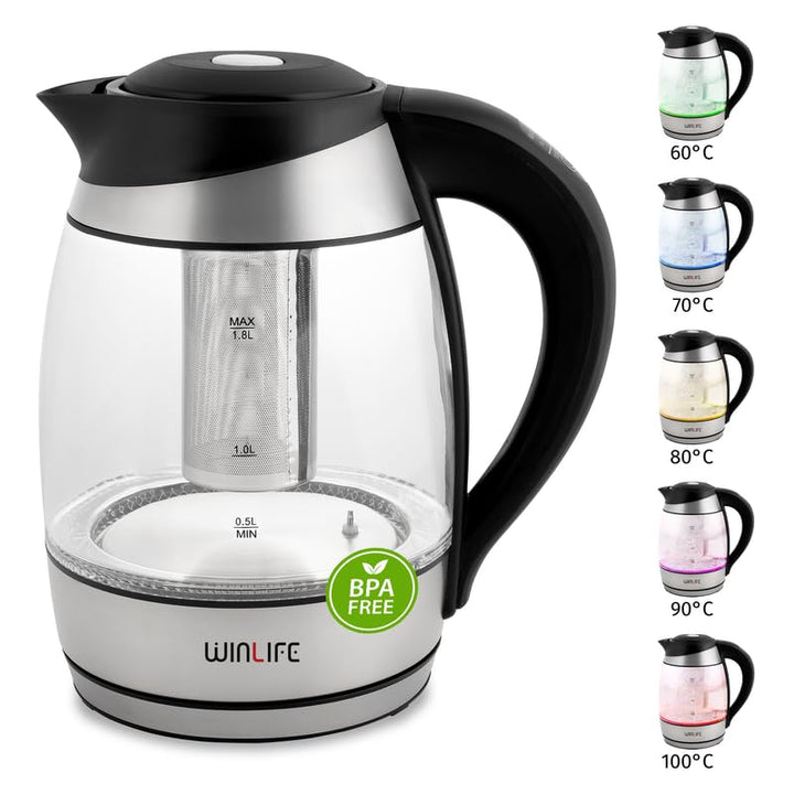 Wasserkocher Glaswasserkocher 1,8L | Edelstahl mit LED-Temperaturanzeigebeleuchtung für 60, 70, 80,