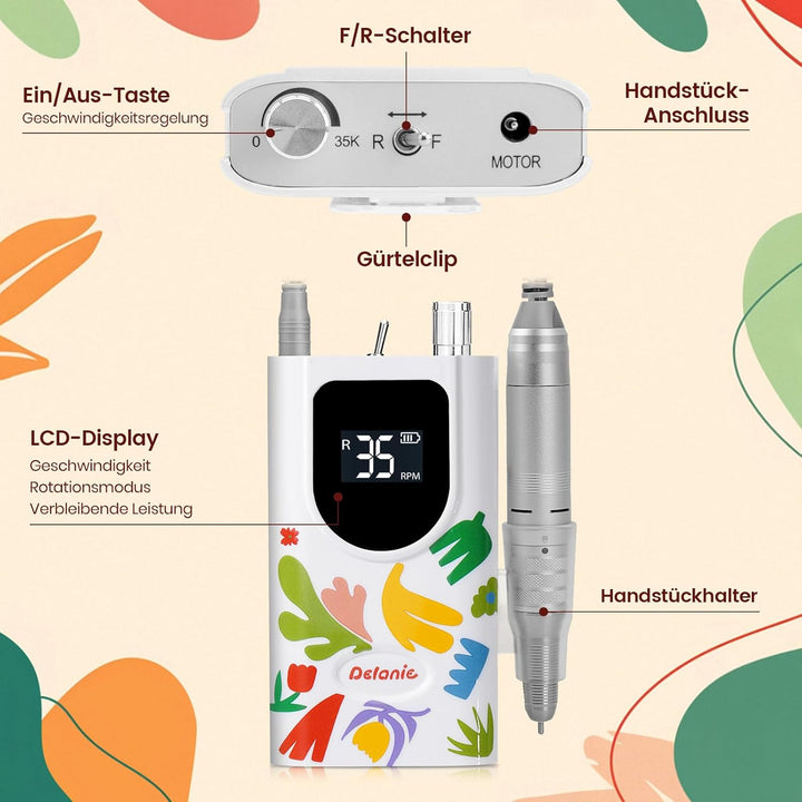 Delanie Professioneller Nagelfräser 35000 U/min, Wiederaufladbarer Fräser für Gelnägel Nagellack, El