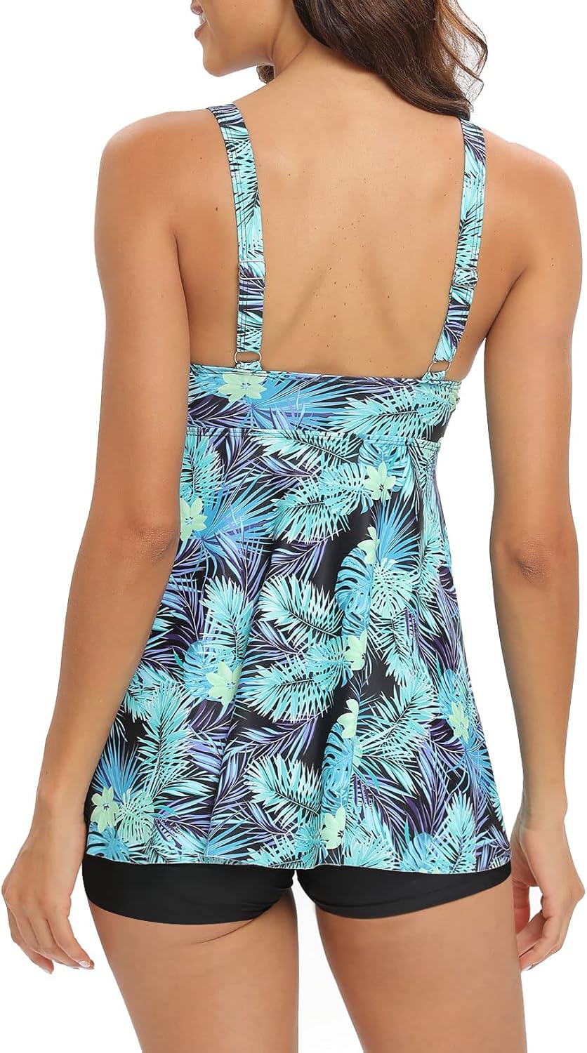 Adigaber Damen zweiteilig Badeanzug Push up Bademoden bauchweg Tankini Set mit Hot Pants Drucken Bad