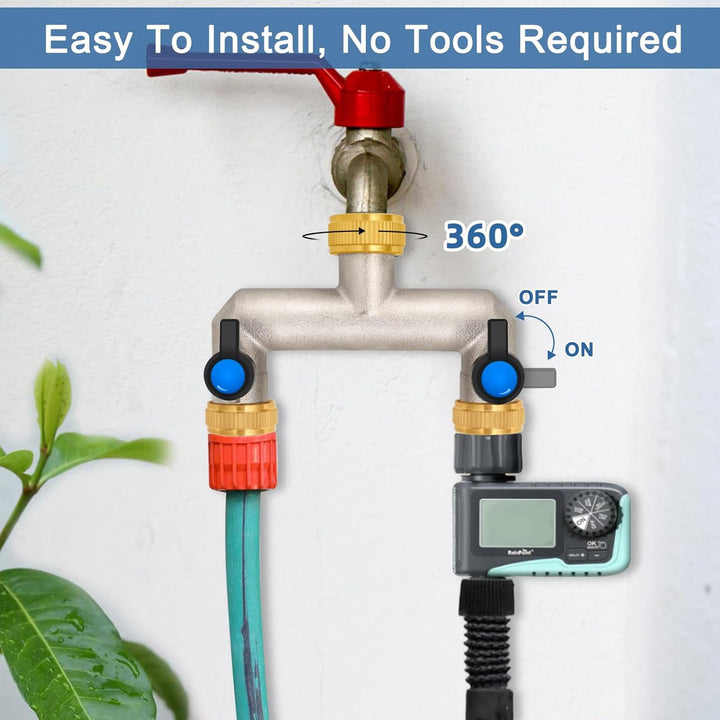 2-Wege Wasserhahn Wasserverteiler aus Messing für 2 Geräte/Gartenschläuche, 2er Verteiler 3/4" Adapt