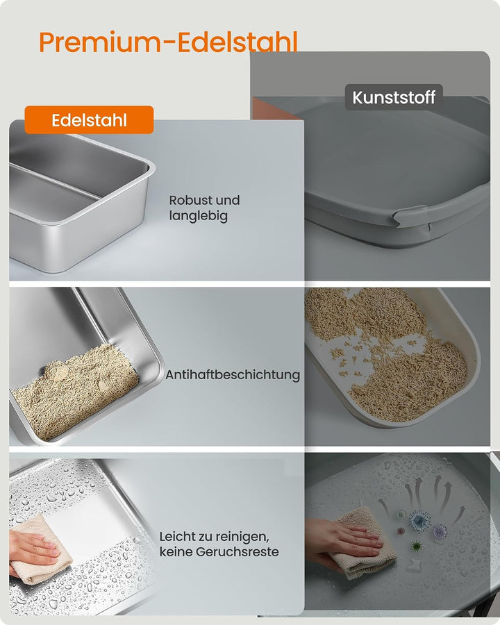 Feandrea Katzenklo Edelstahl, XL, Katzentoilette mit Deckel, mit Schaufel, Bürste und 2 Eingängen, f
