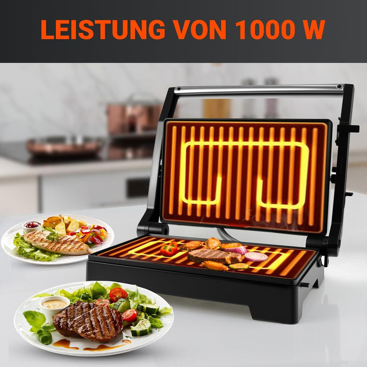 Kontaktgrill 1000W, Panini Grill & Sandwich Maker, geöffneter 180° Tischgrill, Grillfläche 23x15 cm