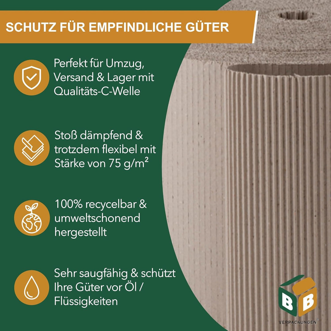 BB-Verpackungen Rollenwellpappe 0,8 x 70 m (Wellpappe, Wellkarton Füllmaterial, 100% recycelbar, ide