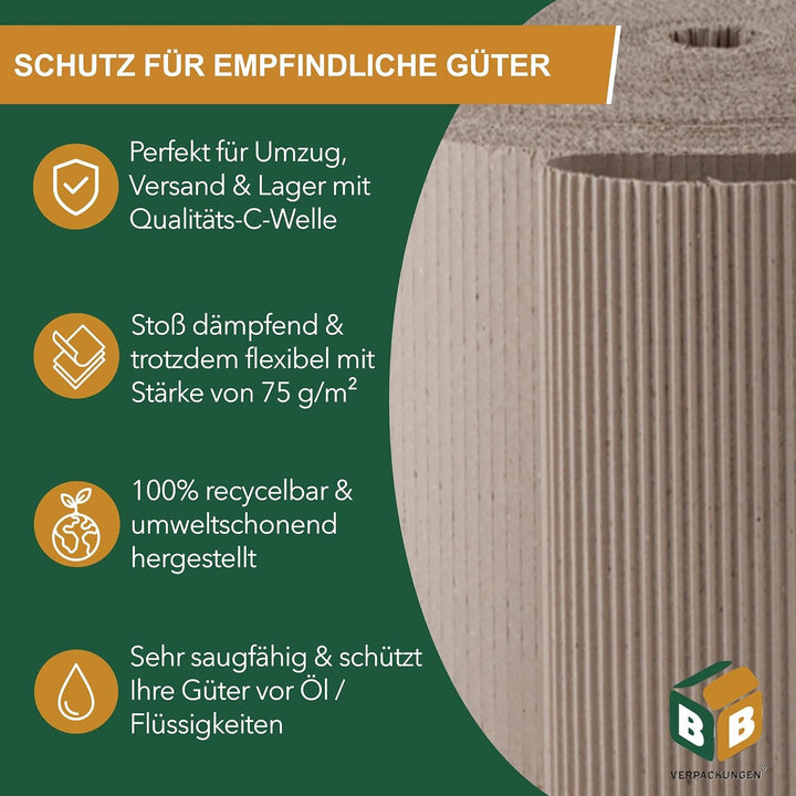 BB-Verpackungen 1x Rollenwellpappe 0,5 x 70 m Fläche 35m² (1 Rolle) - hochwertige Wellpappe Rolle fü