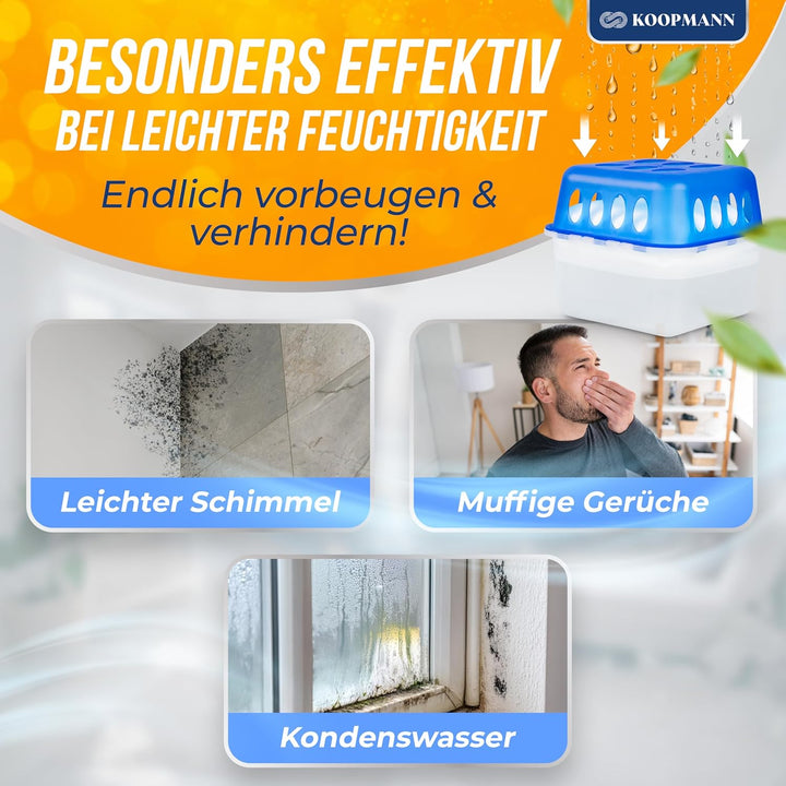 Koopmann 4X Ultra Fresh Luftentfeuchter Feuchtigkeits-Stopper mit Nachfüll-Beutel Granulat, Blau,wei