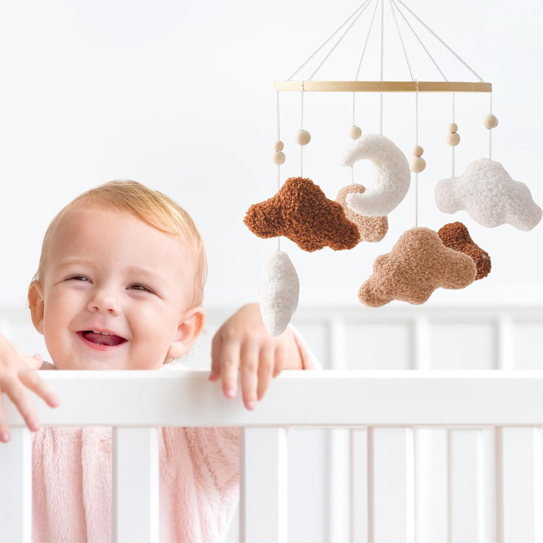 Mobile Baby Windspiele, Babybett Mobile Holz mit 3D Wolken Mond, Kinderzimmer Hängende Bettglocke, N