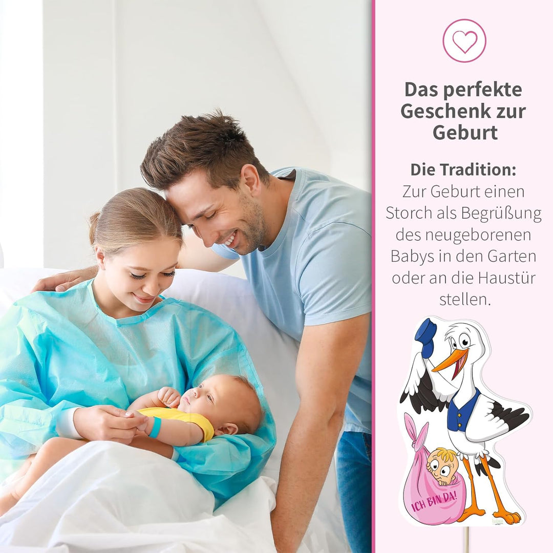 XL Storch zur Geburt Willkommen Baby I rosa Geschenk Mädchen I SET: Geburtsstorch + Stab aus Holz +