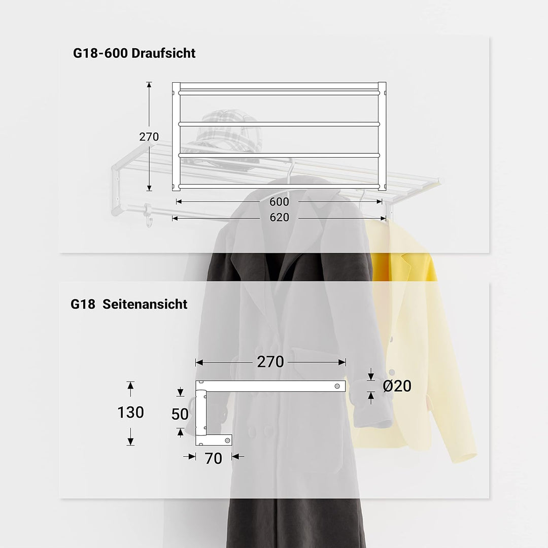 PHOS Design, G18-600, 60 cm breite Wandgarderobe mit Kleiderstangen aus massivem Edelstahl 60 cm Bre