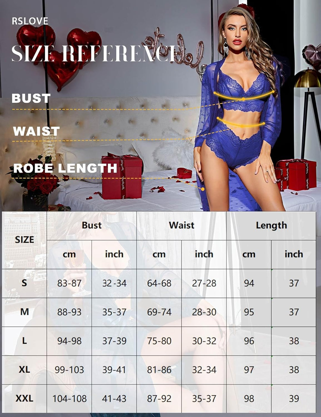 RSLOVE Sexy Dessous Set für Damen 3 teilig Spitzen Kimono mit BH und Höschen M Blau, M Blau