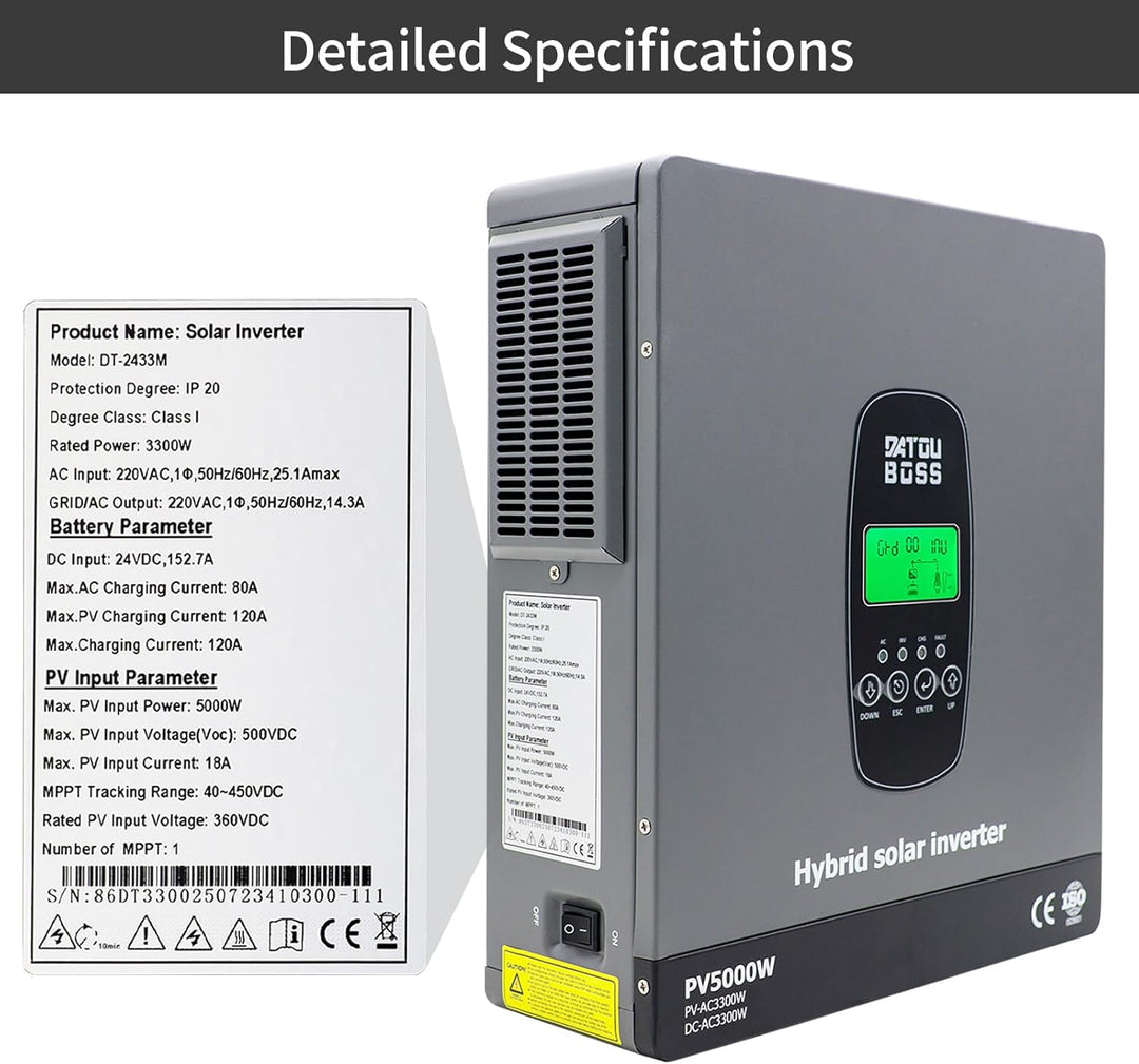 DATOUBOSS 3300W Hybrid Solar Wechselrichter 24V Reiner Sinus, 24V DC auf 230V AC Inverter mit MPPT L