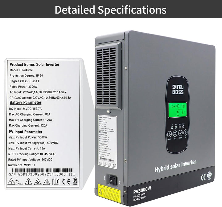 DATOUBOSS 3300W Hybrid Solar Wechselrichter 24V Reiner Sinus, 24V DC auf 230V AC Inverter mit MPPT L
