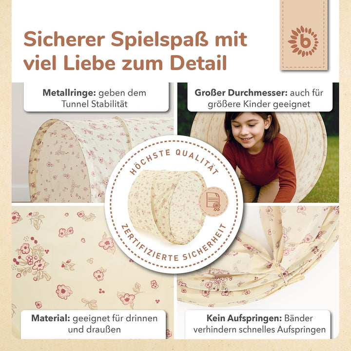 Bieco Pop Up Spieltunnel Vintage Flowers Krabbeltunnel ab 1 Jahr | 180 x 46cm | Spieltunnel Kind und