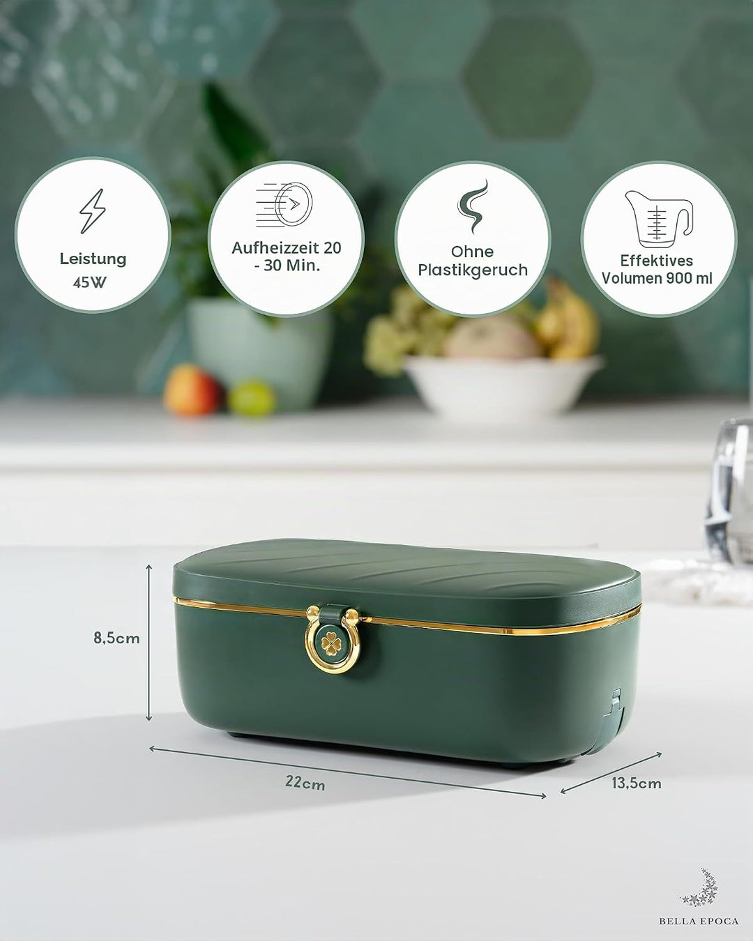 Bella Epoca® Tragbarer elektrischer Speisewärmer, eine elegante beheizbare Lunchbox (900 ml/45 W/220