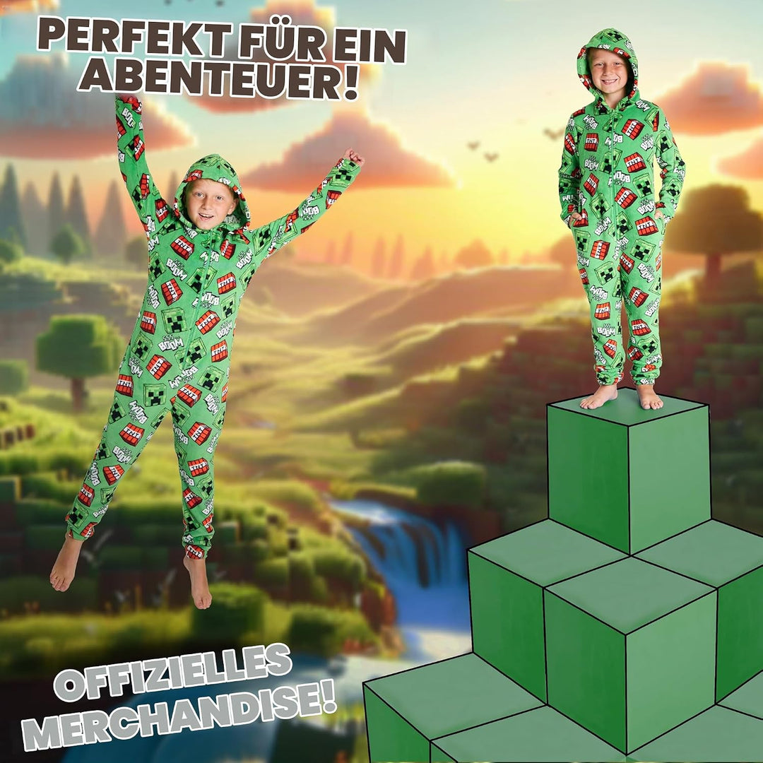 Minecraft Onesie Creeper Fleece Jumpsuit Sleepsuit Gamer Geschenk Schlafoverall mit Kapuze für Junge
