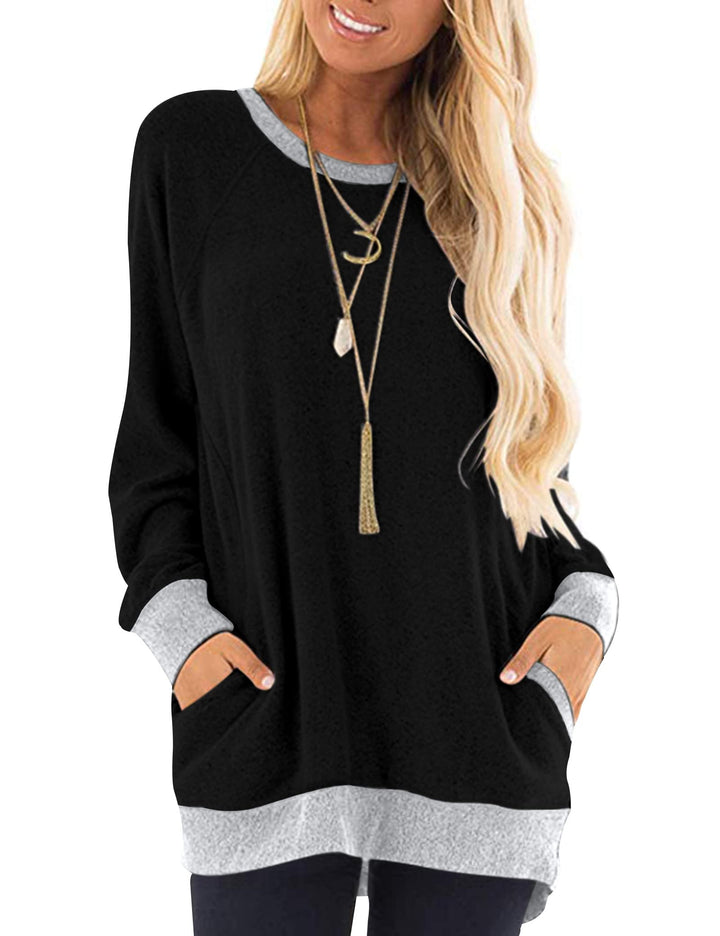 AUSELILY Damen Langarmshirts Rundhals T Shirts Blusen Tunika Sweatshirt Pullover Mit Taschen, S