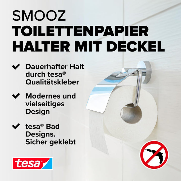 tesa SMOOZ Toilettenpapierhalter mit Deckel, verchromt - WC-Rollenhalter zur Wandbefestigung ohne Bo