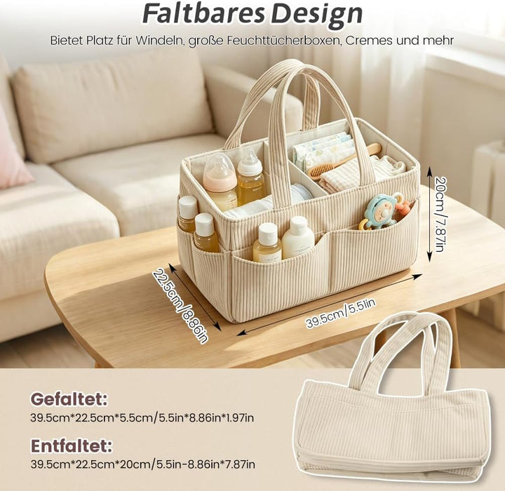 Generisch Wickelkorb Cord Beige, 18x23x36cm Wickelorganizer für Windeln, Feuchttücher und Babyartike