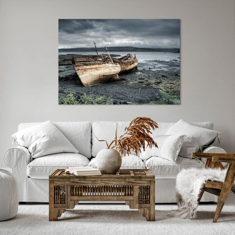 Bilder auf Leinwand 100x70cm Leinwandbild mit Rahmen Boot Wrack Ufer Gross Wanddeko Bild Schlafzimme