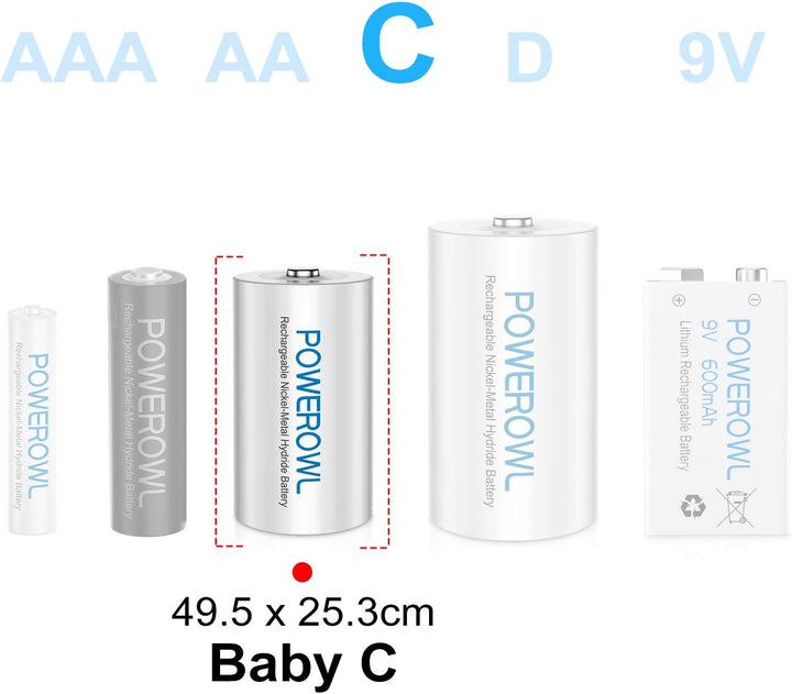 POWEROWL C Baby Akku 1.2V 5000mAh NI-MH Akku C Wiederaufladbar Batterien Geringer Selbstentladung &