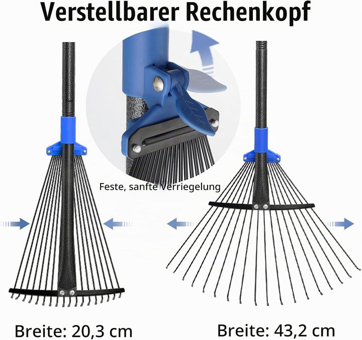 Rasenrechen Garten Laubrechen, 75-150cm Verstellbesen Laubbesen Rechen, Laubrechen Metall,Laubbesen