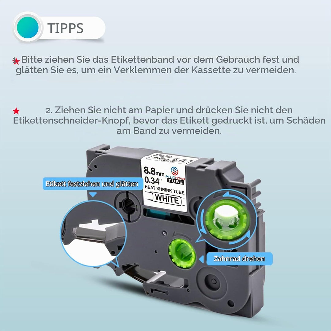 3X Kompatibel mit Brother P-Touch Schrumpfschlauch Hse-221 Hse221 8.8mm Schwarz auf Weiss Etikettenb