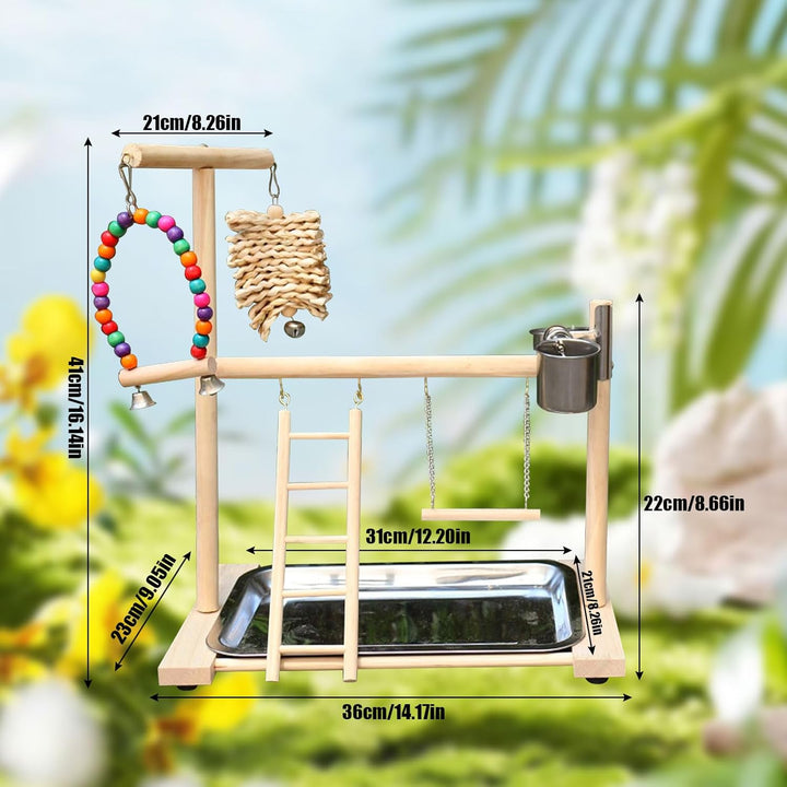 Vogel Spielplatz, Holz Wellensittich Spielplatz Freisitz mit 2 Edelstahl Feeder-Cup Spielzeug Leiter