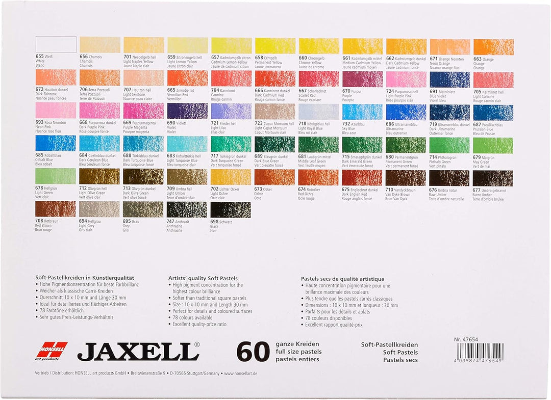 Honsell 47654 - Jaxell Pastellkreide, eckige Form, 60er Set, für flächiges und präzises Arbeiten, sa