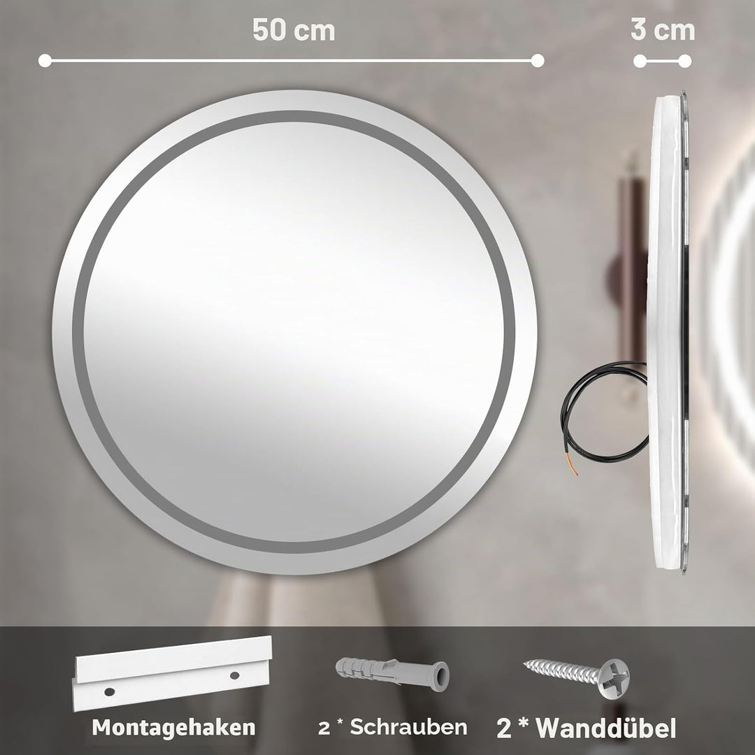 50cm Badezimmerspiegel mit Beleuchtung,Runder Spiegel mit Beleuchtung, Wandspiegel mit Frontbeleucht