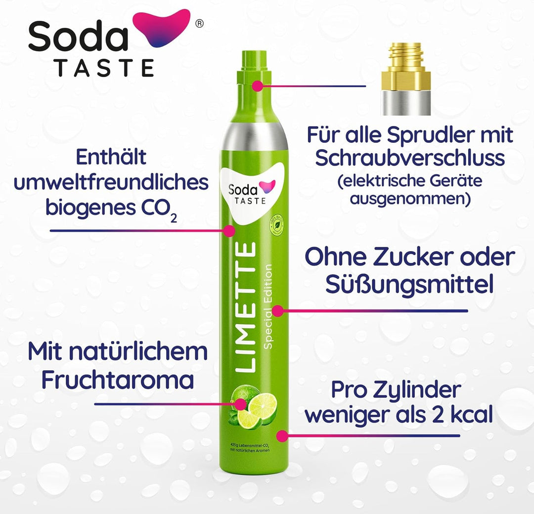 SodaTASTE CO2-Kaufzylinder (Reservezylinder) für Wassersprudler, mit natürlichem Limetten-Aroma, ohn