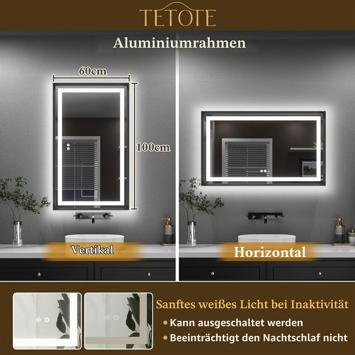 TETOTE Badspiegel mit Beleuchtung Schwarz Metallrahmen 100x60cm, Badezimmerspiegel Beleuchtet Beschl
