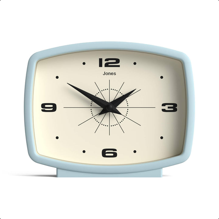 JONES CLOCKS® Schreibtischuhr 'Film' – rechteckiges Retro-Design in Blau, Cooler Look für Regal, Tis