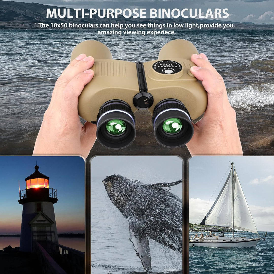 10x50 Marine Fernglas mit beleuchtetem Entfernungsmesser und Kompass, IPX7 wasserdicht, BAK4-Prismen