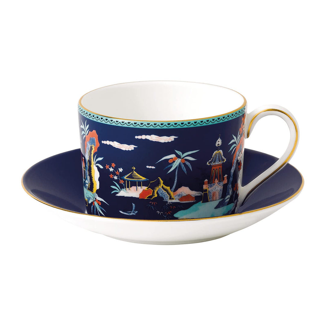 Wedgwood Wonderlust Teetasse und Untertasse, 142 ml, Blau Blaue Pagode, Blaue Pagode