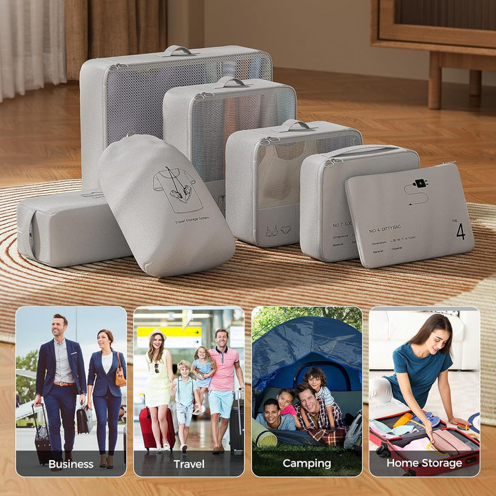 Koffer Organizer Set, 7-teilig, Packwürfel, Reise Kleidertaschen, Grau, Polyester, Reissverschluss,
