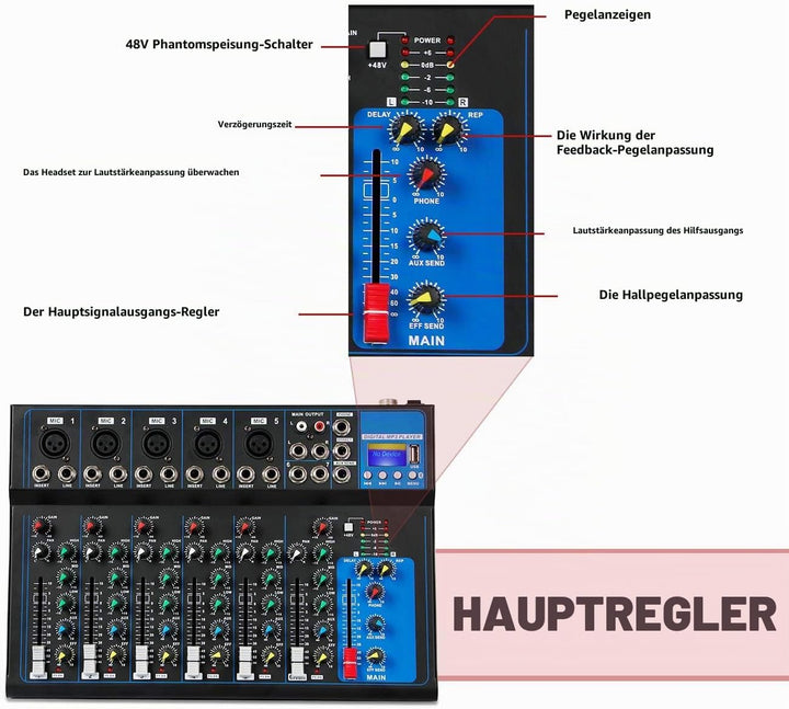 Depusheng HT7 Tragbarer Bluetooth-Audio-Mixer mit USB-DJ-Sound-Mischpult MP3-Buchse 48-V-Stromversor