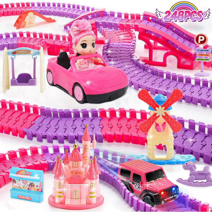 ROCKY&CHAO Autorennbahn Rennbahn Kinderspielzeug 248 Stück mit Puppe, Flexible Track Spiele Spielzeu