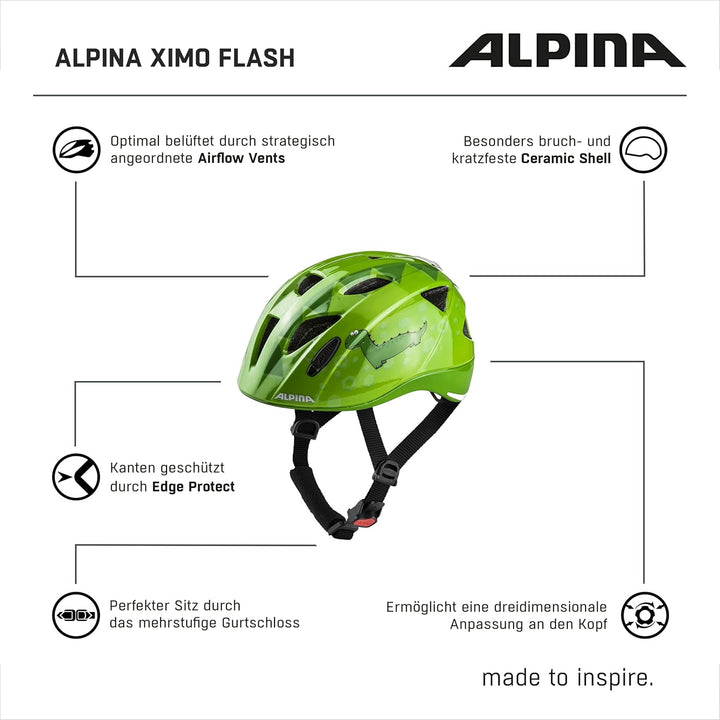 ALPINA XIMO FLASH - Beleuchteter, Reflektierender, Leichter & Anpassbarer LED Fahrradhelm Für Kinder