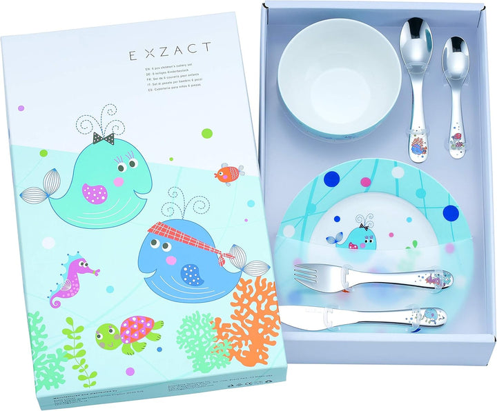 Exzact Besteck Geschenkset 6 Stücken aus Edelstahl/Kindergeschirr - 1 x Schale, 1 x Teller, 1 x Tafe
