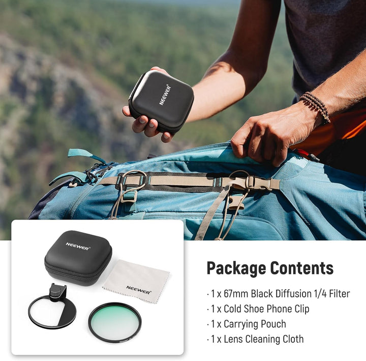 NEEWER 67 mm 1/4 schwarzer Diffusionsfilter & Kaltschuh-Handyclip für Handy, inklusive Tragetasche u