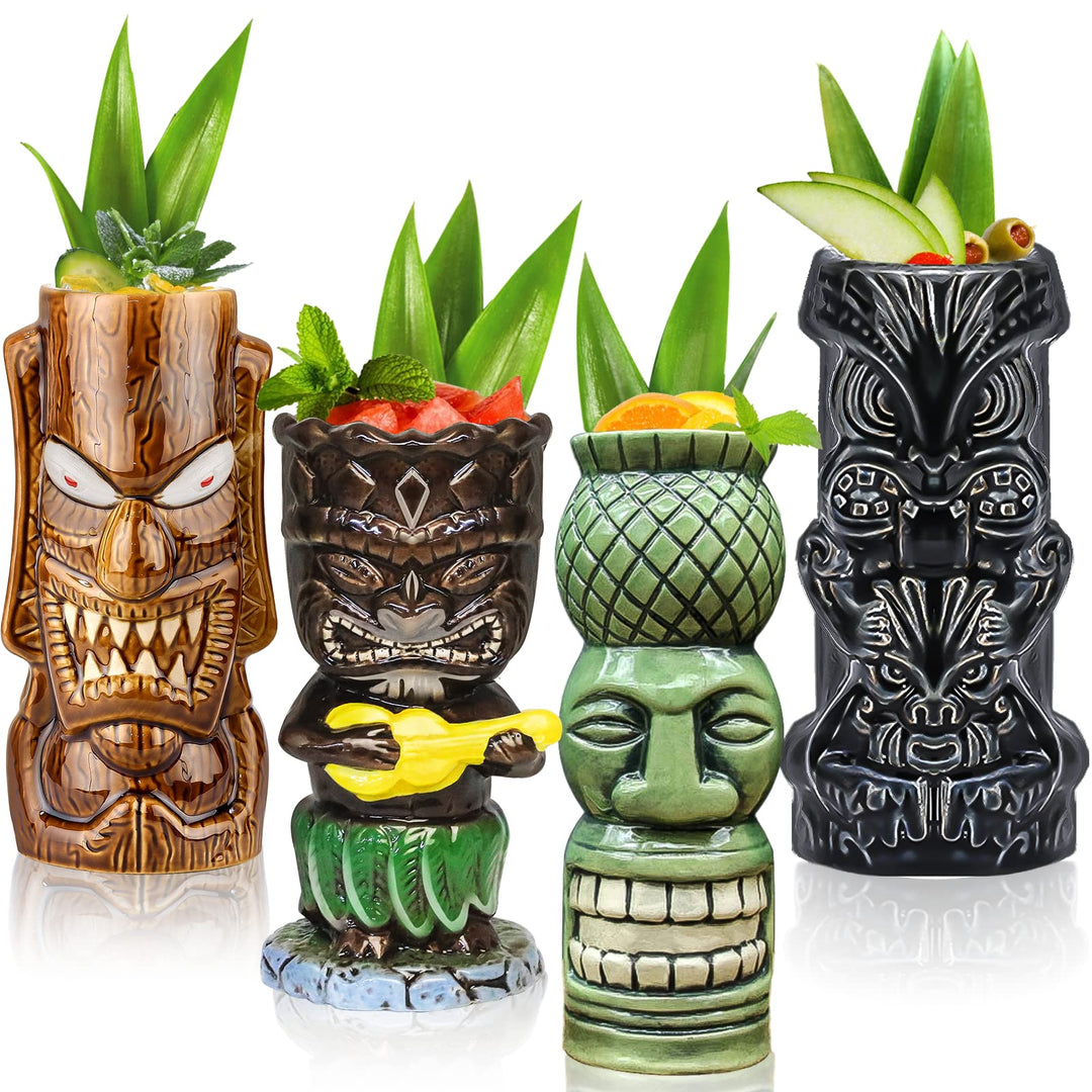 Tiki-Tassen, 4 Stück Tiki-Gläser für Cocktails grossen tropischen Keramikbechern Hawaii Tiki Party K
