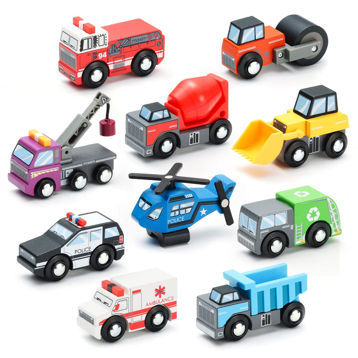 SainSmart Jr. Holzfahrzeuge Set (10 Stück), Spielzeug Autos mit Feuerwehr, Polizei, Krankenwagen &amp; B